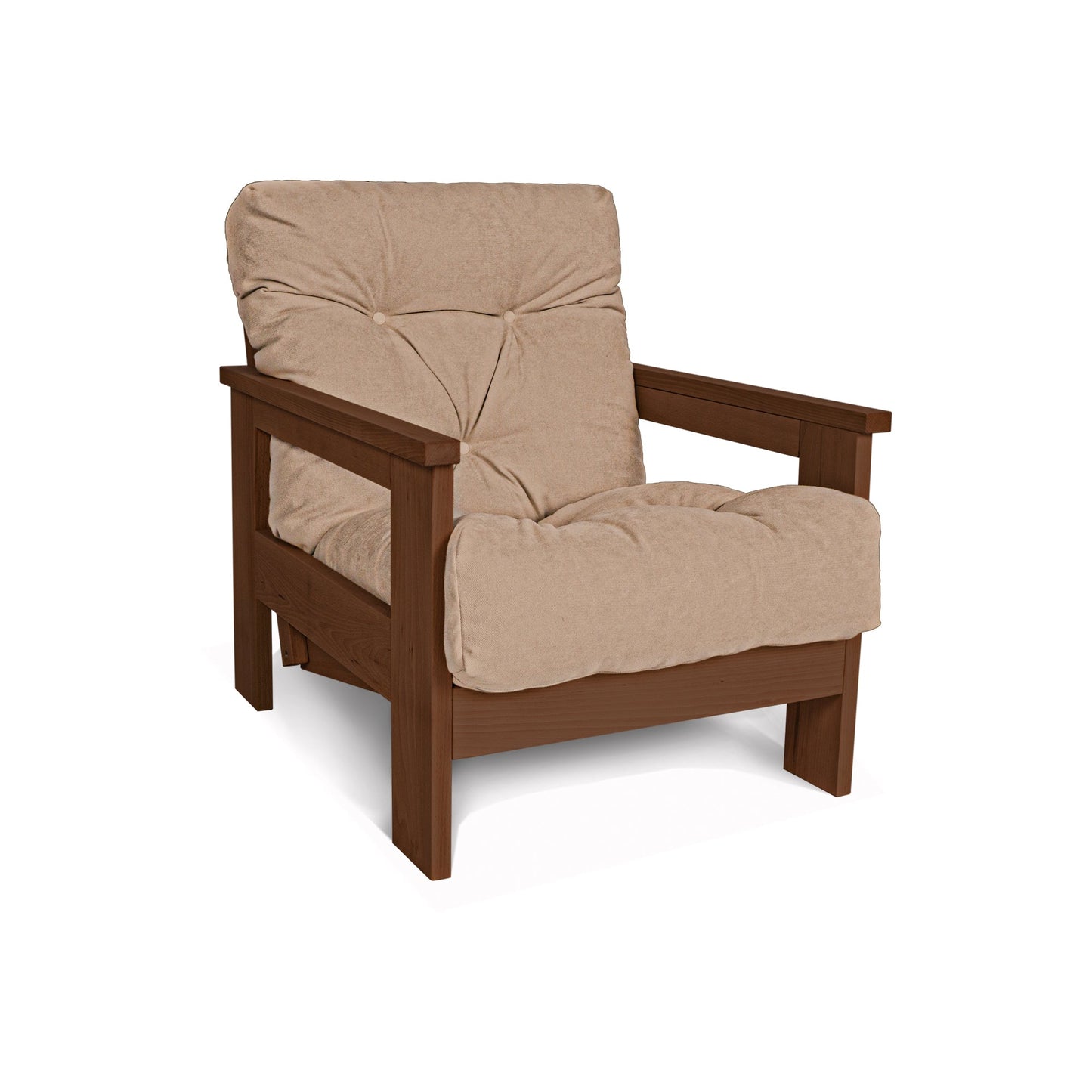 update alt-text with template MEXICO Armchair, Beech Wood, Walnut Colour-Stoel-Marior HOME-Beige-Mexico_chair_walnut_beige_8255ff0e-03d1-48c4-8f0a-bb7fe2ff06eb-armchairs, stoel-Product type: armchair with reclining back Frame material: solid beech wood (certified FSC) Frame colour: walnut (linseed oil) Mattress: polyester fabric, hollow fibre filling Fabric colours: 10 colours available Assembly: one person easy assembly Assembly instruction: included Assembly tools: included Additional tools recommended: h