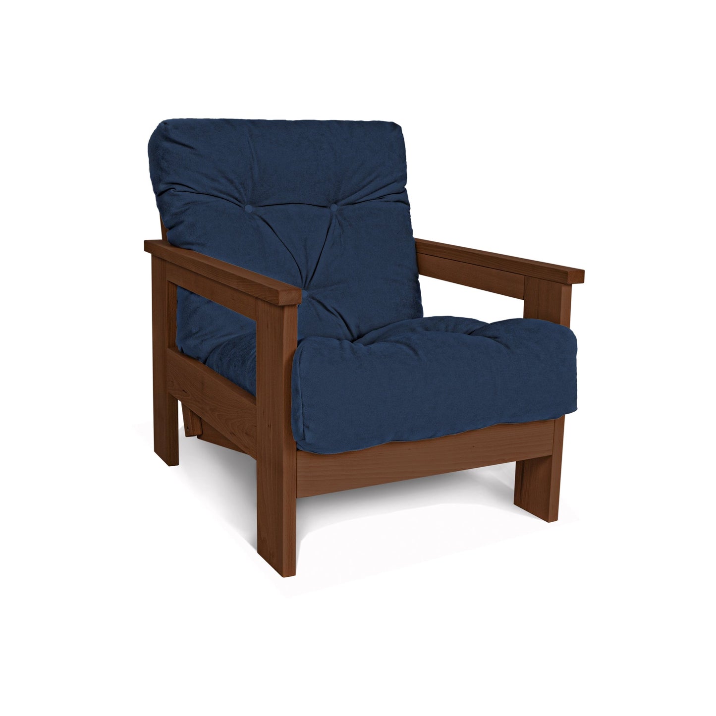 update alt-text with template MEXICO Armchair, Beech Wood, Walnut Colour-Stoel-Marior HOME-Blue-Mexico_chair_walnut_blue_0ba86f27-b8a8-434b-94cc-e432189d37ff-armchairs, stoel-Product type: armchair with reclining back Frame material: solid beech wood (certified FSC) Frame colour: walnut (linseed oil) Mattress: polyester fabric, hollow fibre filling Fabric colours: 10 colours available Assembly: one person easy assembly Assembly instruction: included Assembly tools: included Additional tools recommended: ham