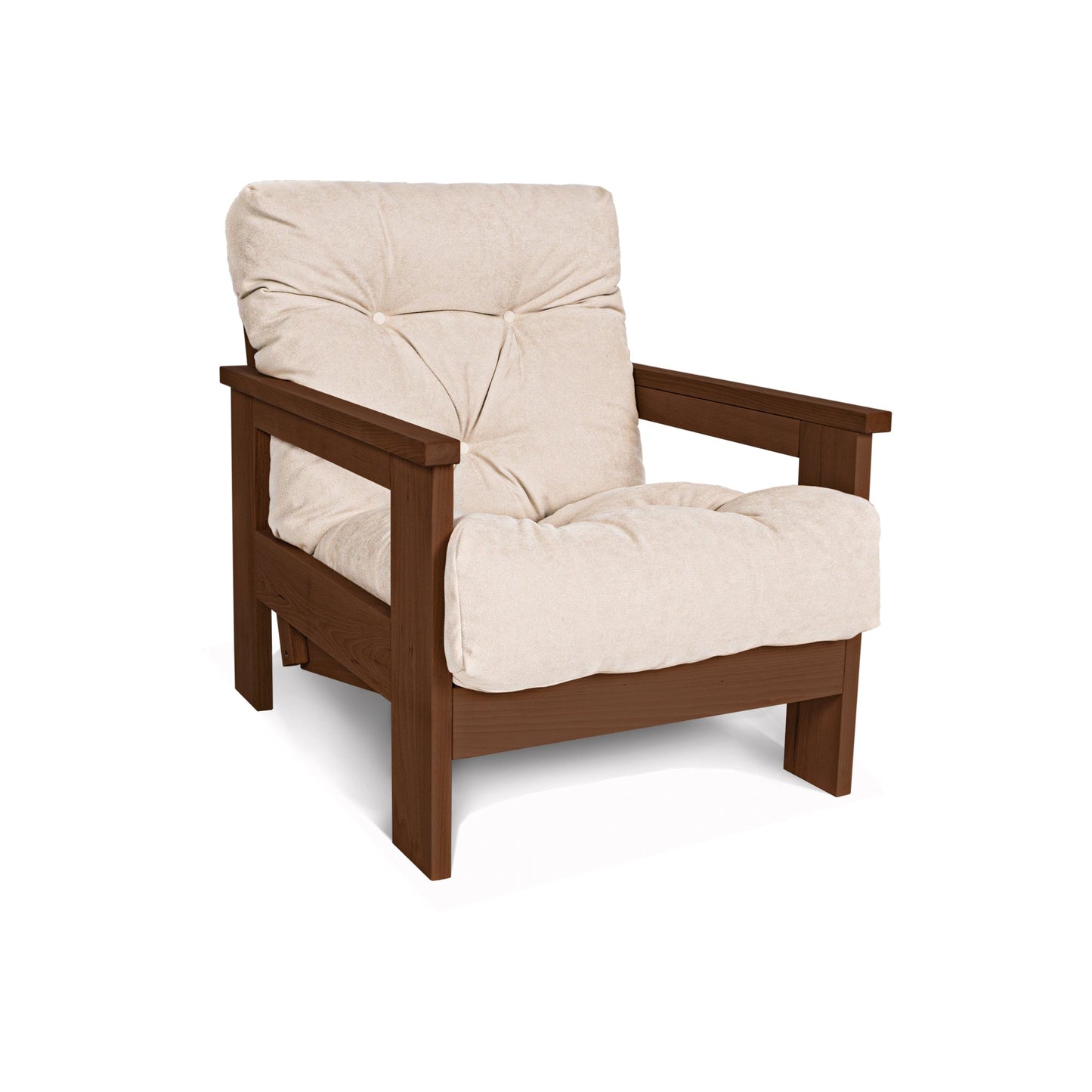 update alt-text with template MEXICO Armchair, Beech Wood, Walnut Colour-Stoel-Marior HOME-Cream-Mexico_chair_walnut_cremy_fd1ffd0b-5bcd-4eb6-892b-992ab0c74e31-armchairs, stoel-Product type: armchair with reclining back Frame material: solid beech wood (certified FSC) Frame colour: walnut (linseed oil) Mattress: polyester fabric, hollow fibre filling Fabric colours: 10 colours available Assembly: one person easy assembly Assembly instruction: included Assembly tools: included Additional tools recommended: h