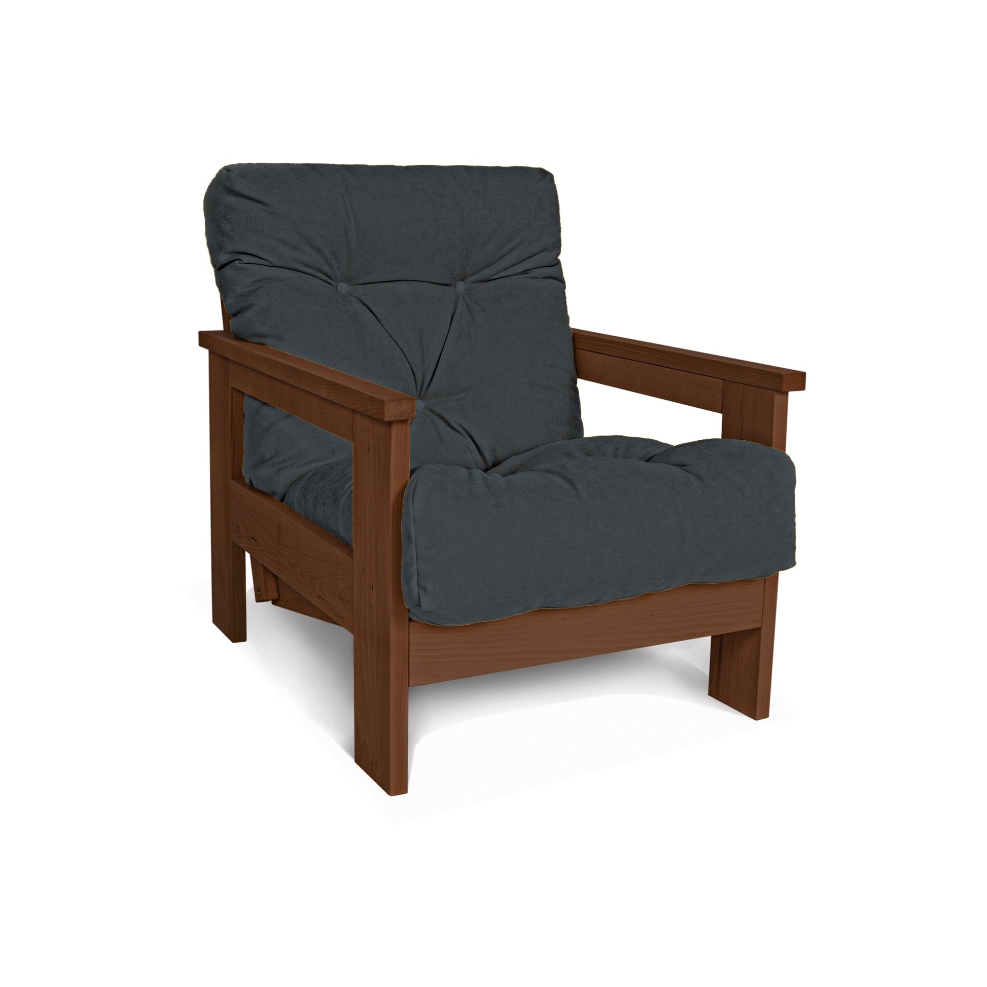 update alt-text with template MEXICO Armchair, Beech Wood, Walnut Colour-Stoel-Marior HOME-Graphite-Mexico_chair_walnut_graphite_73c2be15-c1f7-4fec-81e5-7d451b081bb3-armchairs, stoel-Product type: armchair with reclining back Frame material: solid beech wood (certified FSC) Frame colour: walnut (linseed oil) Mattress: polyester fabric, hollow fibre filling Fabric colours: 10 colours available Assembly: one person easy assembly Assembly instruction: included Assembly tools: included Additional tools recommen