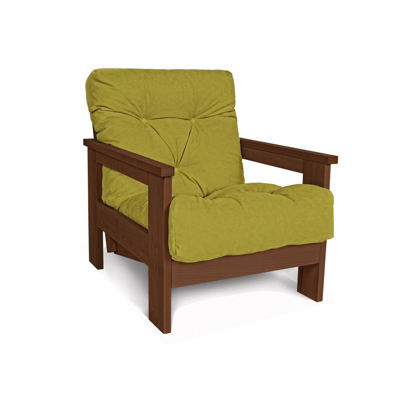 update alt-text with template MEXICO Armchair, Beech Wood, Walnut Colour-Stoel-Marior HOME-Green-Mexico_chair_walnut_green_b54fe687-9e6a-46fd-b3ee-593b30f4ab10-armchairs, stoel-Product type: armchair with reclining back Frame material: solid beech wood (certified FSC) Frame colour: walnut (linseed oil) Mattress: polyester fabric, hollow fibre filling Fabric colours: 10 colours available Assembly: one person easy assembly Assembly instruction: included Assembly tools: included Additional tools recommended: h