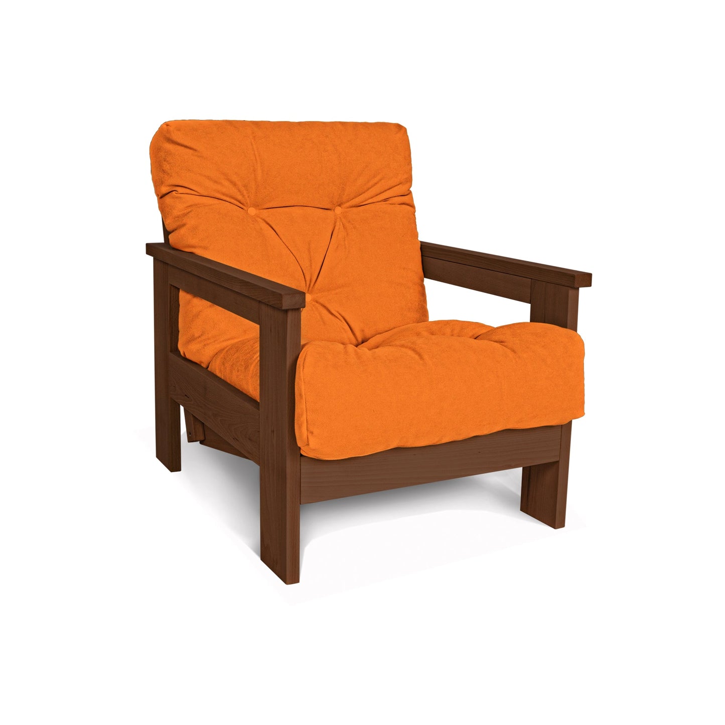 update alt-text with template MEXICO Armchair, Beech Wood, Walnut Colour-Stoel-Marior HOME-Orange-Mexico_chair_walnut_orange_dad51c0d-7514-4df5-8cca-7346d8b2c60b-armchairs, stoel-Product type: armchair with reclining back Frame material: solid beech wood (certified FSC) Frame colour: walnut (linseed oil) Mattress: polyester fabric, hollow fibre filling Fabric colours: 10 colours available Assembly: one person easy assembly Assembly instruction: included Assembly tools: included Additional tools recommended: