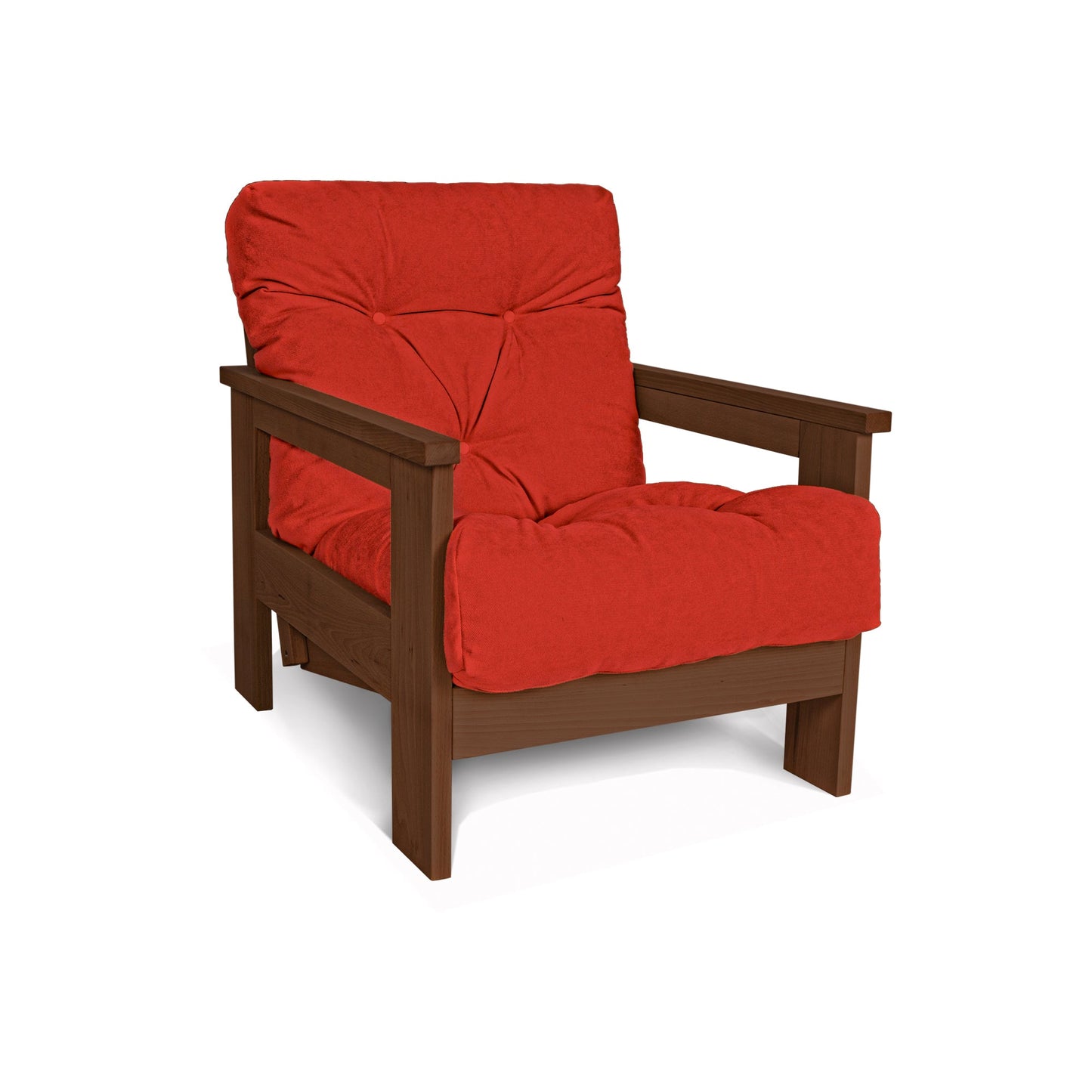 update alt-text with template MEXICO Armchair, Beech Wood, Walnut Colour-Stoel-Marior HOME-Red-Mexico_chair_walnut_red_4976e55b-9eb6-489c-9a24-052fa4049789-armchairs, stoel-Product type: armchair with reclining back Frame material: solid beech wood (certified FSC) Frame colour: walnut (linseed oil) Mattress: polyester fabric, hollow fibre filling Fabric colours: 10 colours available Assembly: one person easy assembly Assembly instruction: included Assembly tools: included Additional tools recommended: hamme