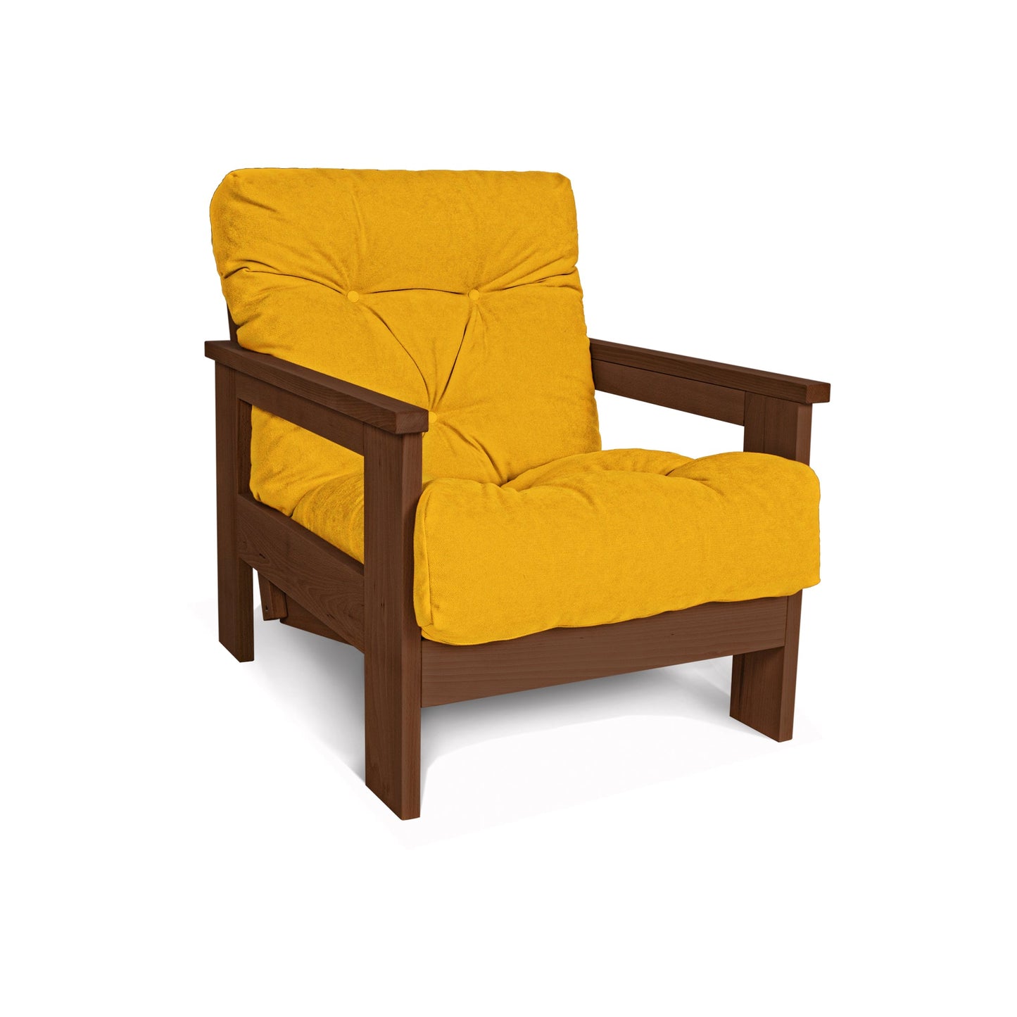 update alt-text with template MEXICO Armchair, Beech Wood, Walnut Colour-Stoel-Marior HOME-Yellow-Mexico_chair_walnut_yellow_4a9ee187-230d-4a20-91b9-fcc045493aa3-armchairs, stoel-Product type: armchair with reclining back Frame material: solid beech wood (certified FSC) Frame colour: walnut (linseed oil) Mattress: polyester fabric, hollow fibre filling Fabric colours: 10 colours available Assembly: one person easy assembly Assembly instruction: included Assembly tools: included Additional tools recommended: