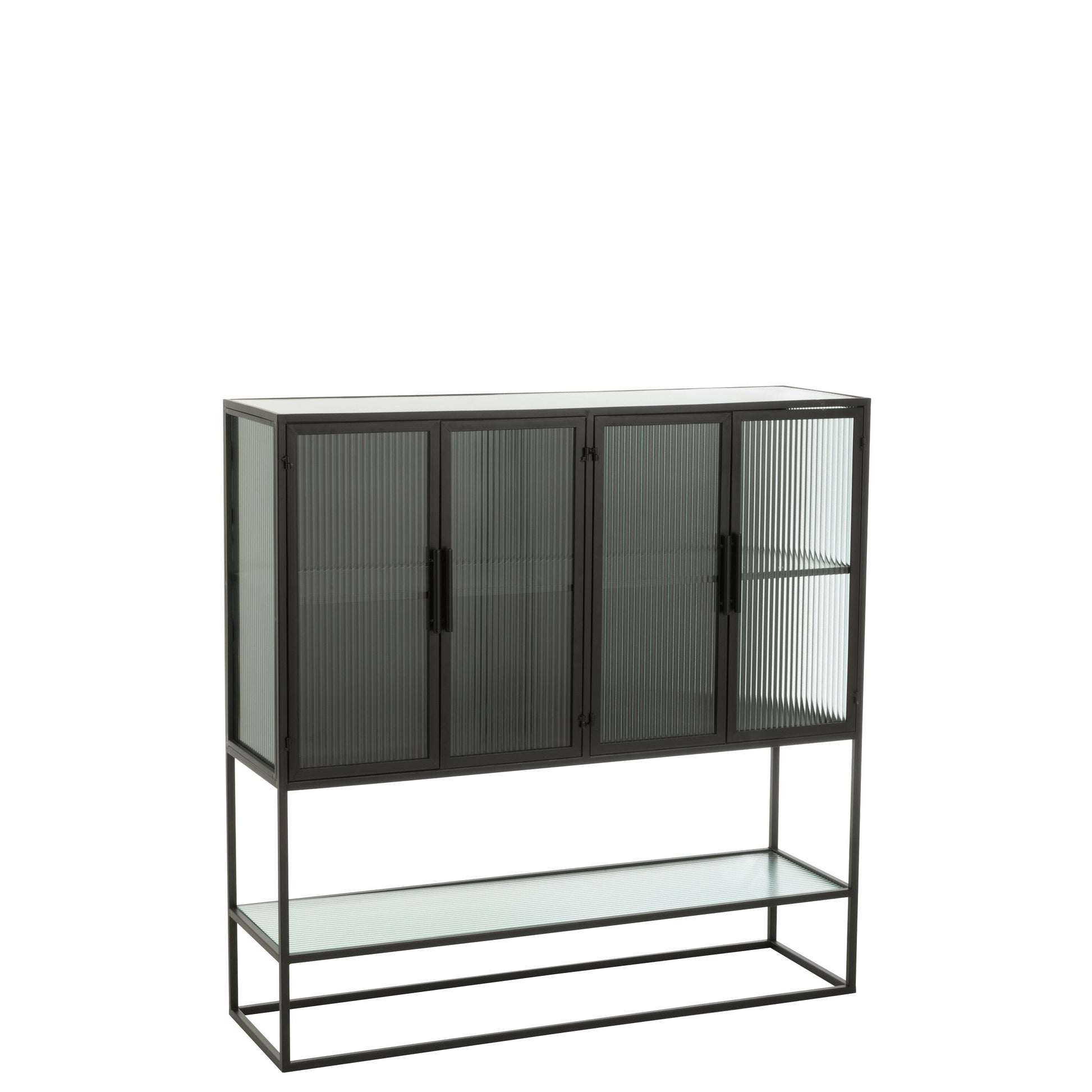 J-Line Kast 4 Deuren Metaal/Glas Zwart-Kast-J-Line-Zwart-IJzer-closet-frame-4-drs-metal-gl-bl-1-kast, tv meubel, Woonkamer-De J-Line kast op frame met 4 deuren is een prachtige opberger met een strak en modern design. Het frame is gemaakt van metaal in een zwarte kleur, wat een mooie contrast vormt met de deuren van glas. De deuren zijn voorzien van een metalen handvat, waardoor de inhoud gemakkelijk toegankelijk is. Binnenin bevinden zich legplanken, waarop je boeken, decoratie of andere spulle