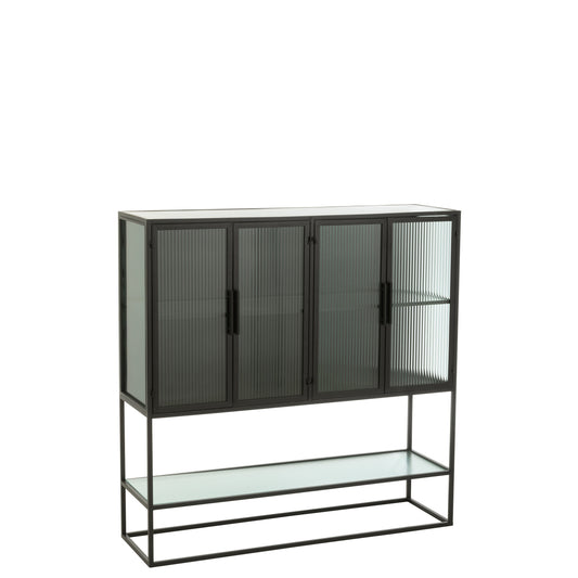 J-Line Kast 4 Deuren Metaal/Glas Zwart-Kast-J-Line-Zwart-IJzer-closet-frame-4-drs-metal-gl-bl-1-kast, tv meubel, Woonkamer-De J-Line kast op frame met 4 deuren is een prachtige opberger met een strak en modern design. Het frame is gemaakt van metaal in een zwarte kleur, wat een mooie contrast vormt met de deuren van glas. De deuren zijn voorzien van een metalen handvat, waardoor de inhoud gemakkelijk toegankelijk is. Binnenin bevinden zich legplanken, waarop je boeken, decoratie of andere spulle