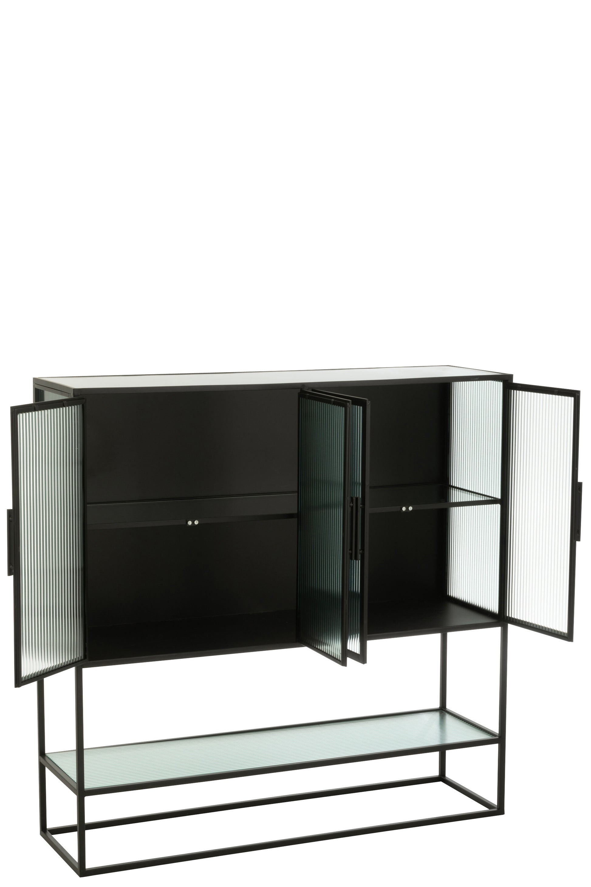 J-Line Kast 4 Deuren Metaal/Glas Zwart-Kast-J-Line-Zwart-IJzer-closet-frame-4-drs-metal-gl-bl-2-kast, tv meubel, Woonkamer-De J-Line kast op frame met 4 deuren is een prachtige opberger met een strak en modern design. Het frame is gemaakt van metaal in een zwarte kleur, wat een mooie contrast vormt met de deuren van glas. De deuren zijn voorzien van een metalen handvat, waardoor de inhoud gemakkelijk toegankelijk is. Binnenin bevinden zich legplanken, waarop je boeken, decoratie of andere spulle