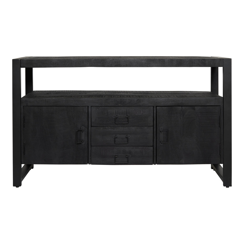 update alt-text with template Dressoir Boaz Black | 135 cm-Kast-Cerasus Homestyle-dressoir-boaz-black-135-cm-4-Dressoir-Dressoir Boaz Black is uitgevoerd in het mangohout. Het metalen frame en de metalen handgrepen zijn afgewerkt met een zwarte lak. Dit model is voorzien van drie lades en twee deuren. Het dressoir is ingelegd met verschillende stroken zwart gelakt hout, waar het meubel zijn eigentijdse karakter aan te danken heeft. Afmetingen Breedte: 135 cm Diepte: 45 cm Hoogte: 80 cm Onderhoud: Afnemen me