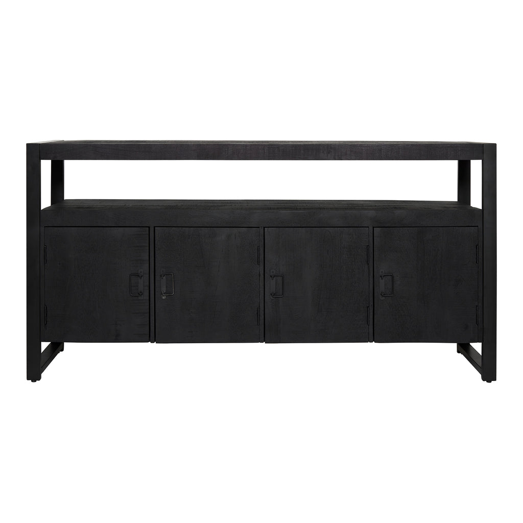 update alt-text with template Dressoir Boaz Black | 175 cm-Cerasus Homestyle-dressoir-boaz-black-175-cm-4-Dressoir Boaz Black is uitgevoerd in het mangohout. Het metalen frame en de metalen handgrepen zijn afgewerkt met een zwarte lak. Dit model is voorzien van vier deuren. Achter de zittende deuren handige legplanken. Het dressoir is ingelegd met verschillende stroken zwart gelakt hout, waar het meubel zijn eigentijdse karakter aan te danken heeft. Afmetingen Breedte: 175 cm Diepte: 45 cm Hoogte: 90 cm Ond