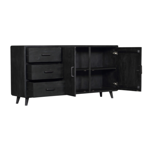 update alt-text with template Dressoir Omaha Black | 180 cm-Cerasus Homestyle-dressoir-omaha-black-180-cm-7-Dressoir Omaha Black is volledig uitgevoerd in mangohout. Dit model is voorzien van drie lades en twee deuren. Het dressoir is ingelegd met verschillende stroken zwart gelakt hout, waar het meubel zijn eigentijdse karakter aan te danken heeft. Afmetingen Breedte: 180 cm Diepte: 45 cm Hoogte: 90 cm Onderhoud: Afnemen met een lichtvochtige doek. Breedte 180 Diepte 45 Hoogte 90-8720618970190-STF-12555-Ce