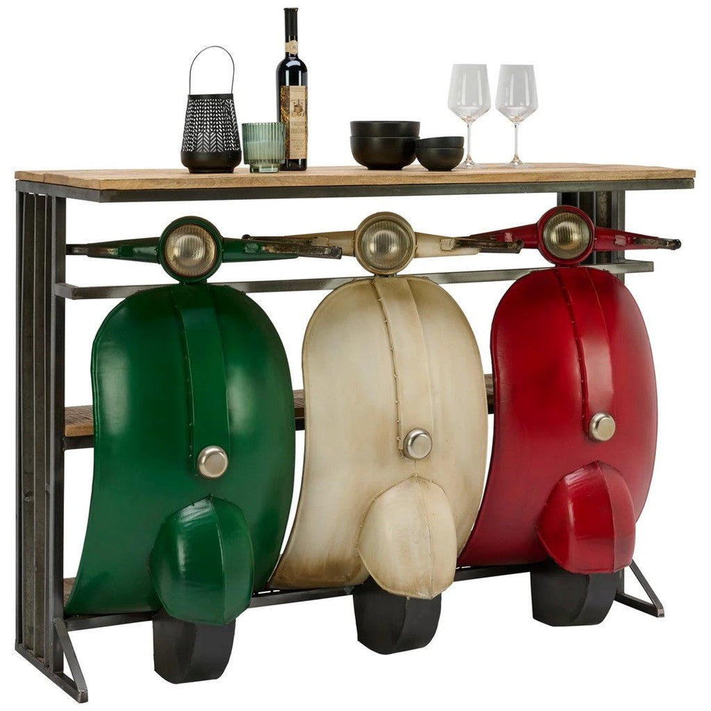 update alt-text with template Vespa Bar Italia-Cerasus Homestyle-vespa-bar-italia-1-Vespa Bar Italia is gemaakt van drie naast elkaar geparkeerde Vespa scooters in de Italiaanse kleuren: groen, wit en rood. Het frame is gemaakt van metaal en afgewerkt met een zwarte lak.Afmetingen Breedte: 137 cm Diepte: 52 cm Hoogte: 100 cmOnderhoud: Afnemen met een lichtvochtige doek.-8721008571355-STF-9812-Cerasus Homestyle